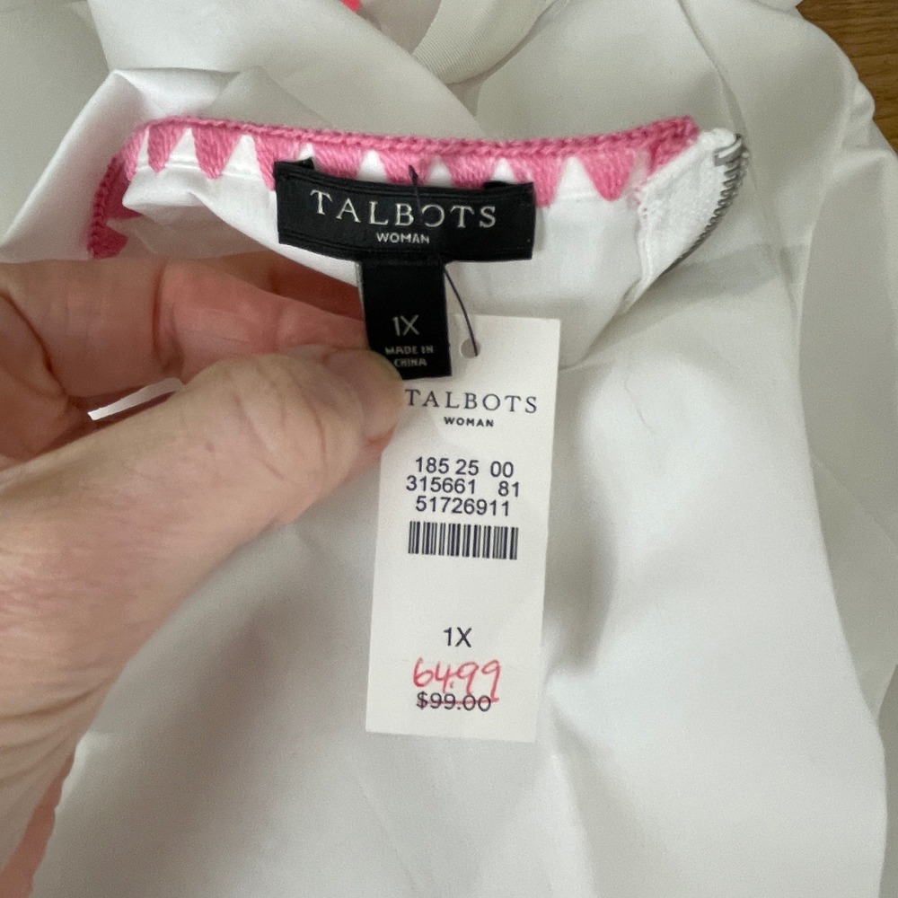 Talbots Womens White‎ Embroidered Ruffle Bell Sleeve Top 1X 3/4 Sleeve Coastal - Picture 5 of 8